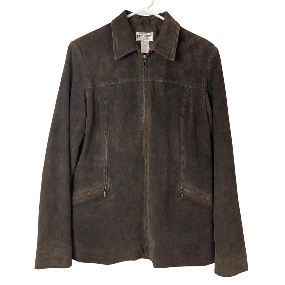 Pendleton Brown Suede Full Zip Leather Jacket S Tall Collar Long Sleeve Pockets